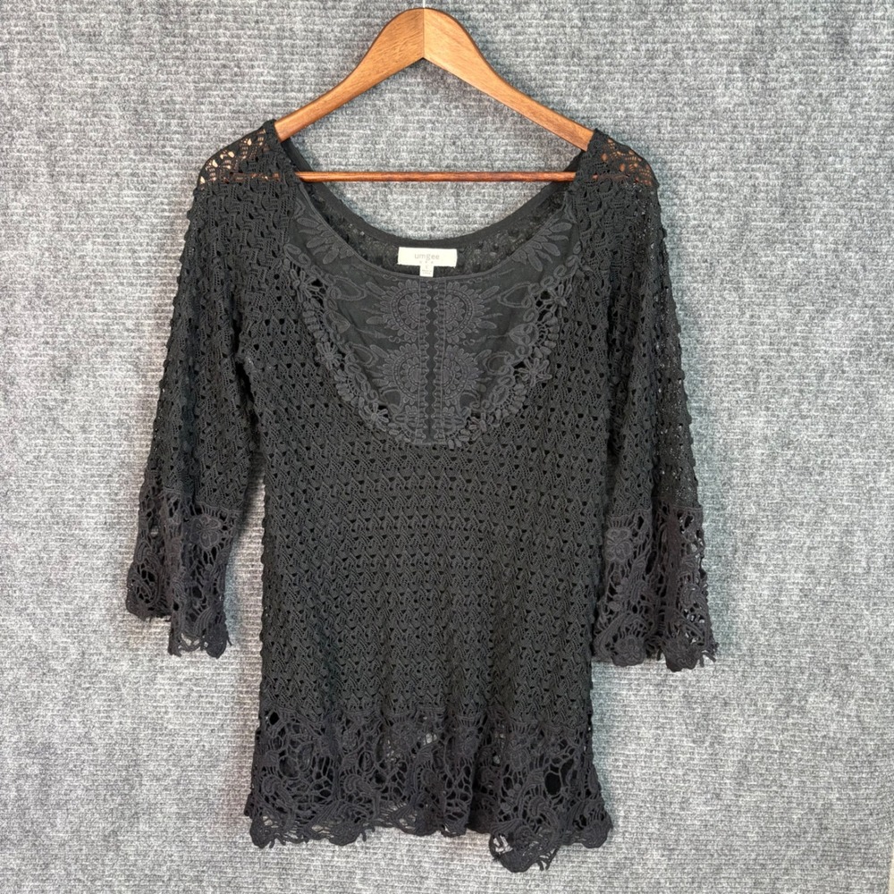 Umgee Black Lace Crochet Top Boho Sheer Blouse Bell Sleeve Festival Too